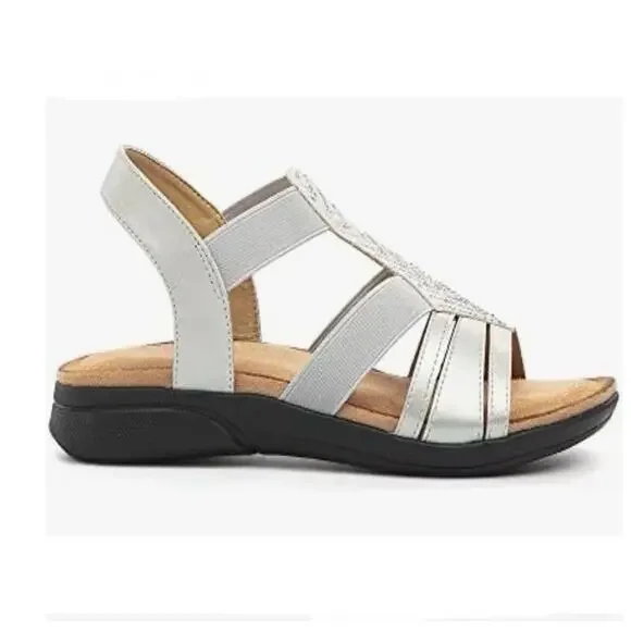 Women's Flat Sandals Elastic Stretch Summer Sandal Comfortable Silver Sz 8 EU 39 - Picture 2 of 3